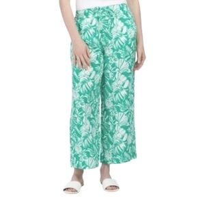 Nicole Miller Wide Leg Crop Linen Pants Size Large Tropical Green White